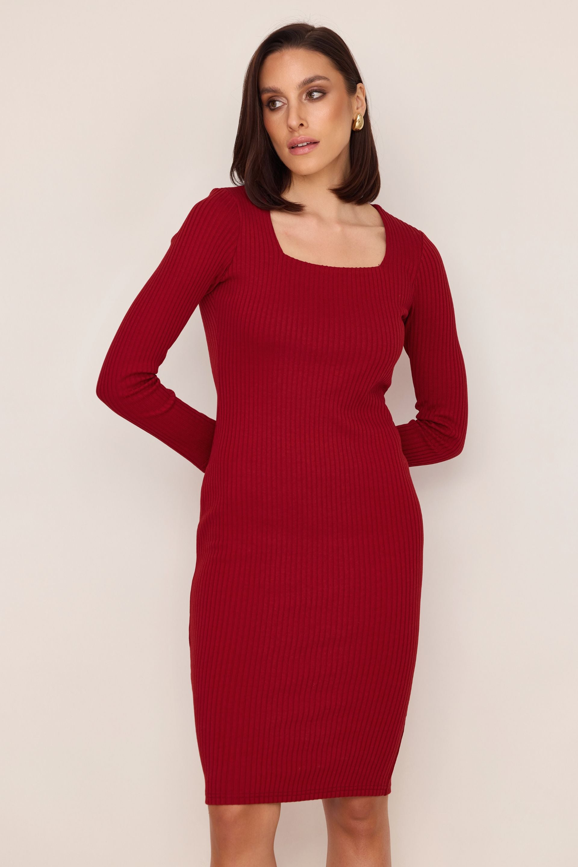 Cotton and bamboo square neck dress red