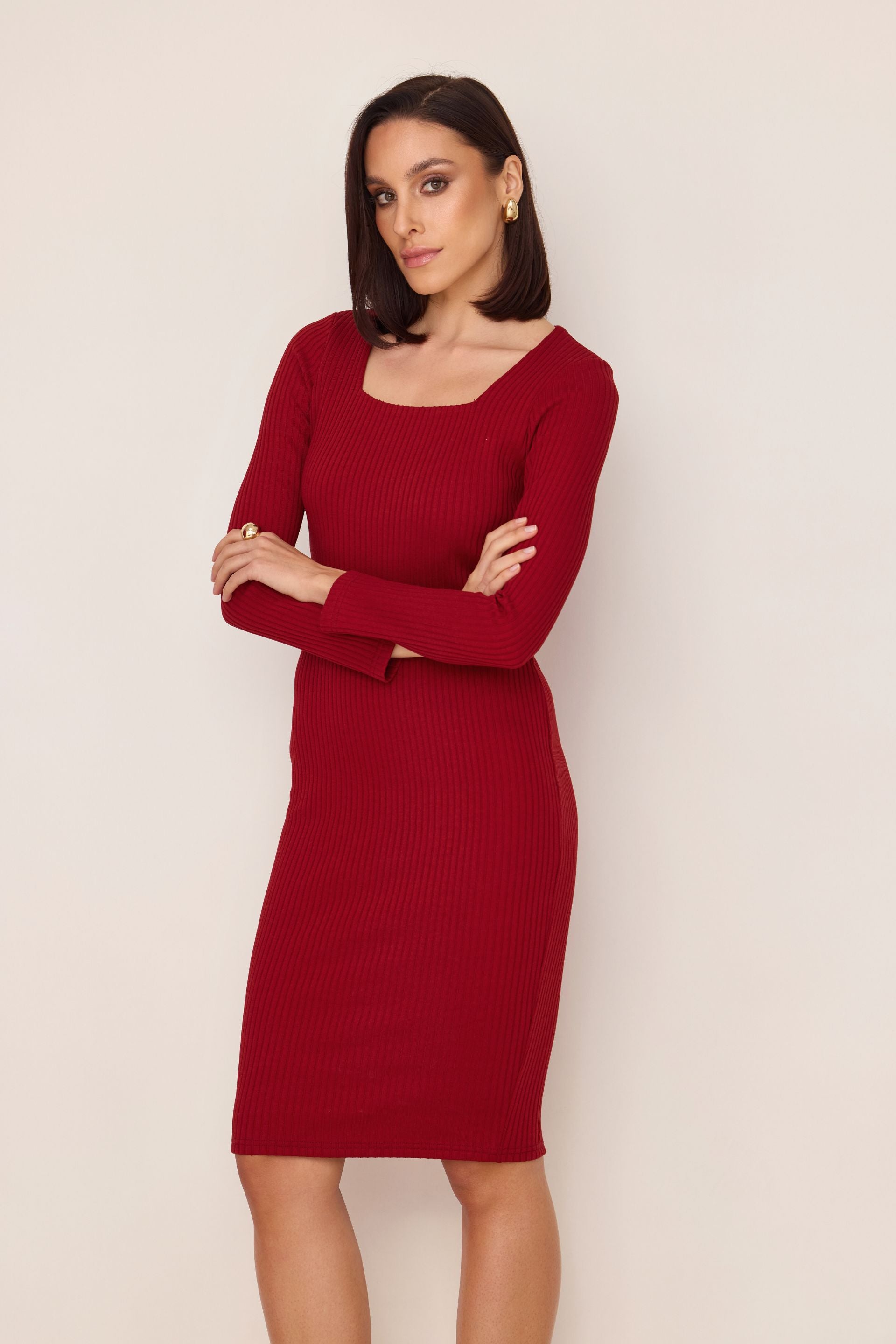 Cotton and bamboo square neck dress red
