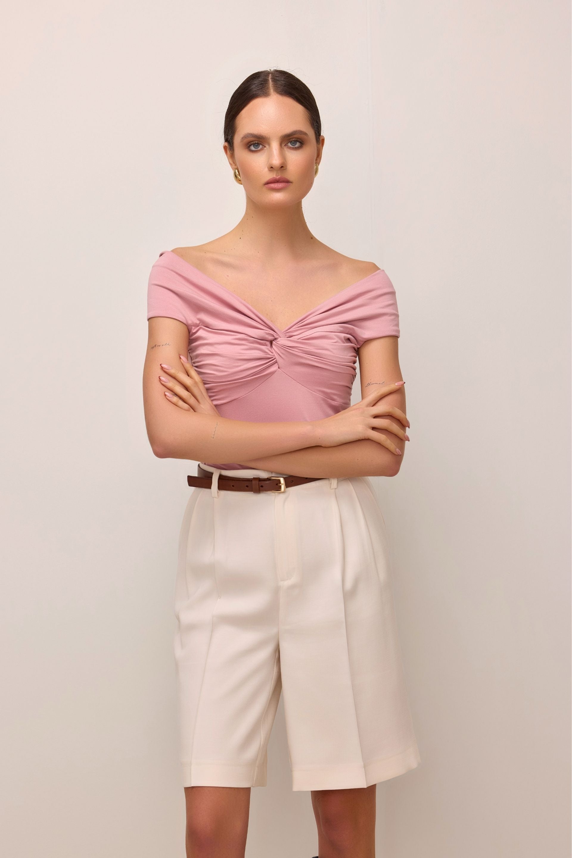 Off-the-shoulder blouse with a wrap, dusty pink