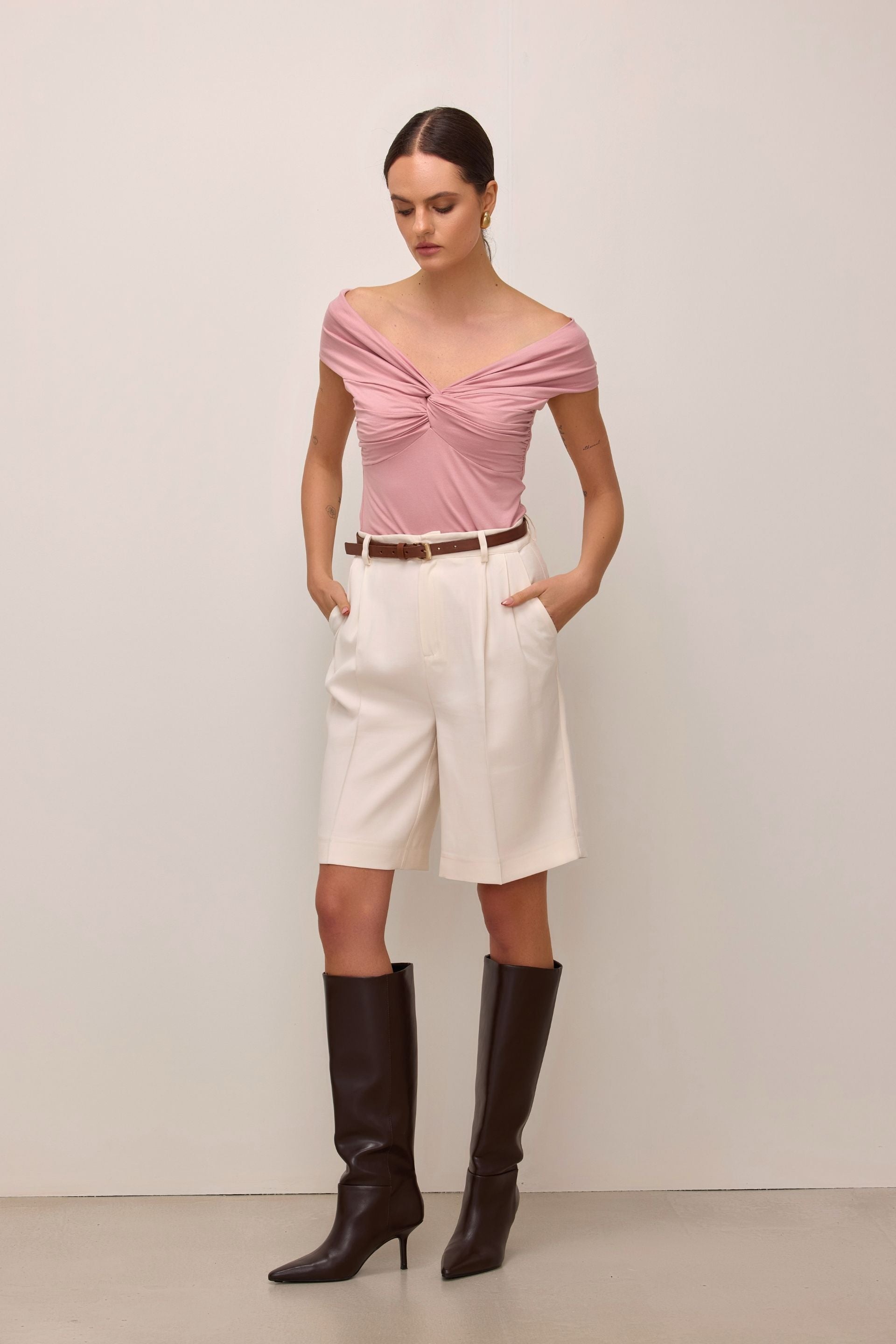 Off-the-shoulder blouse with a wrap, dusty pink