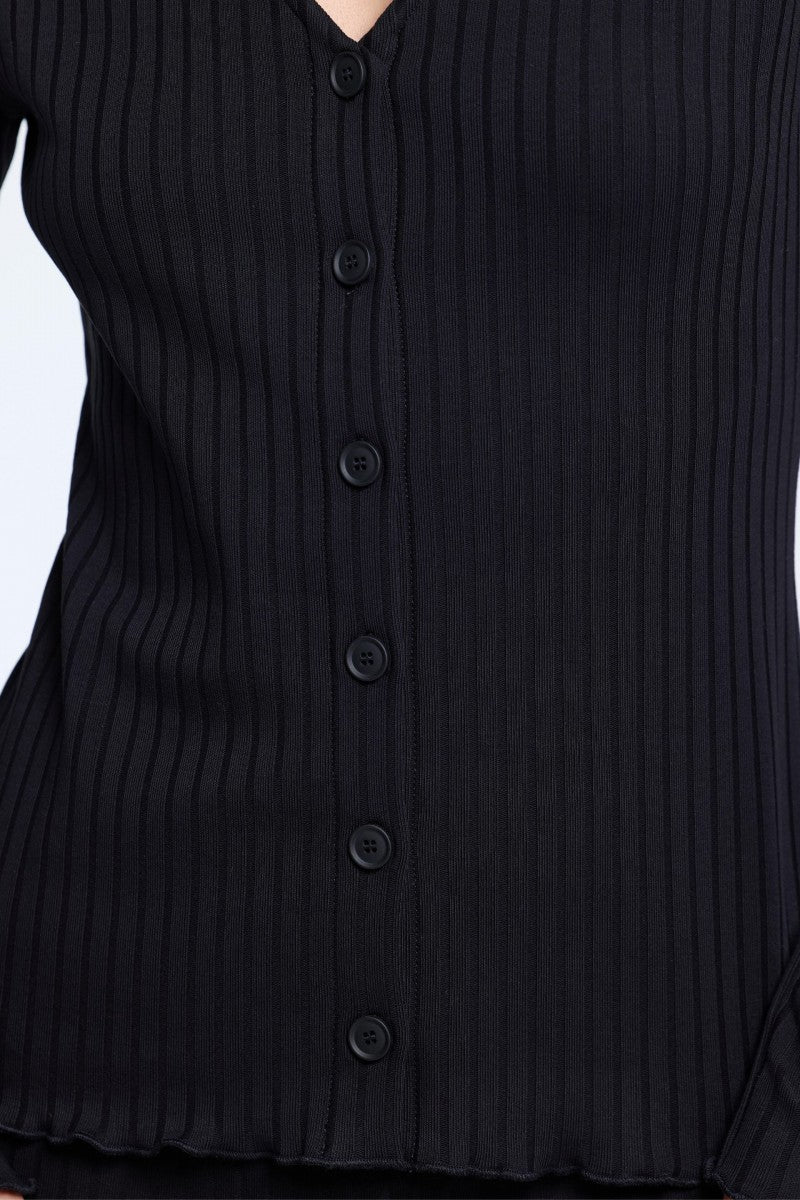 Black V-neck button-down blouse
