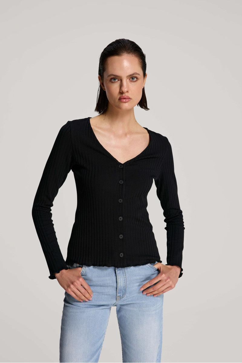 Black V-neck button-down blouse