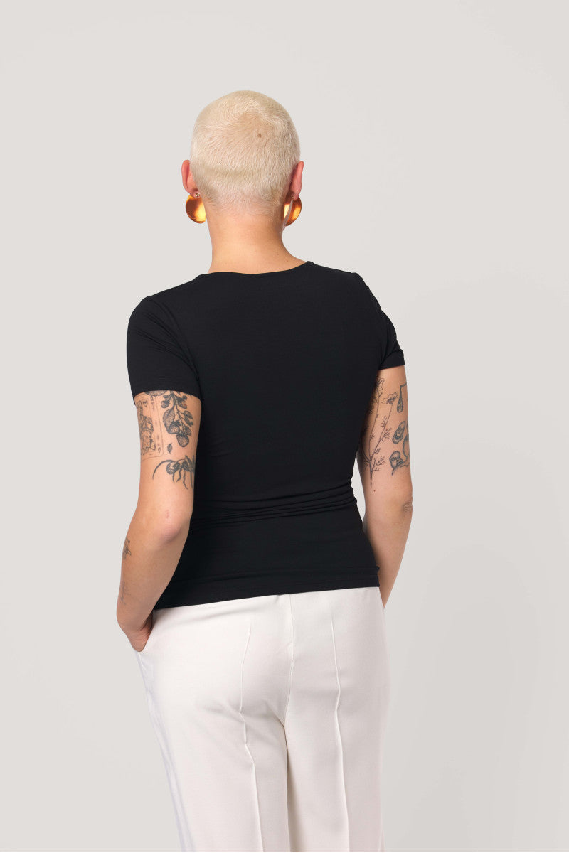 Square neck blouse with short sleeves, black
