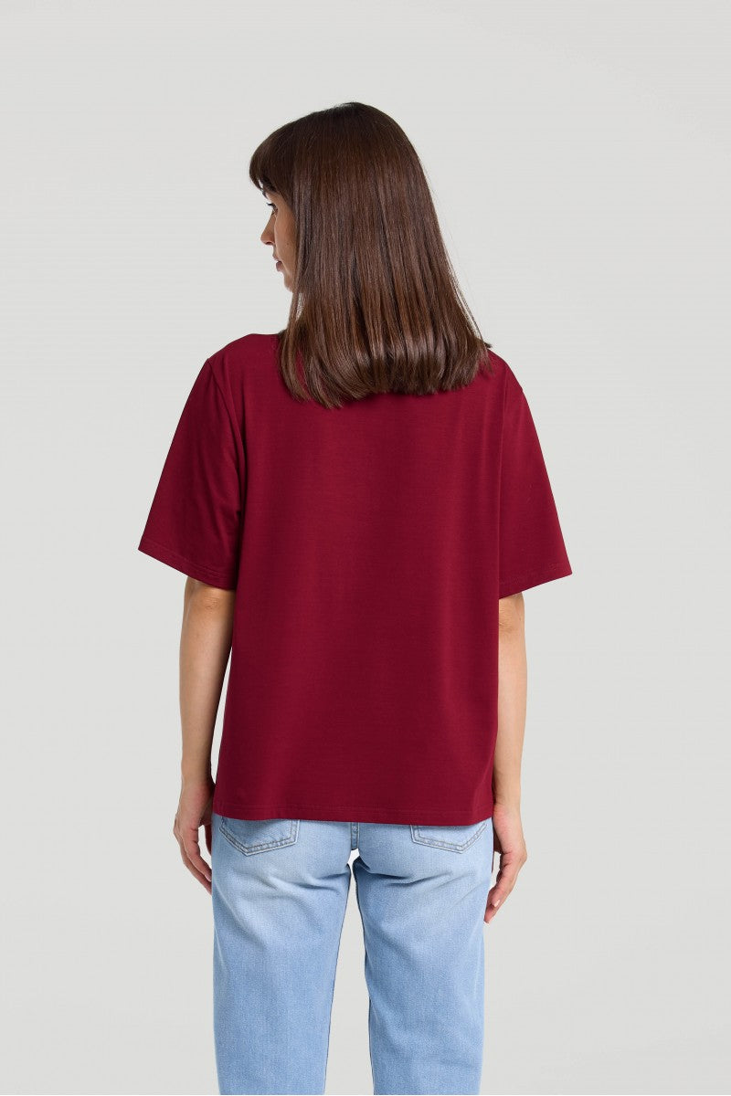 T-shirt z dekoltem v o pudełkowym kroju burgund