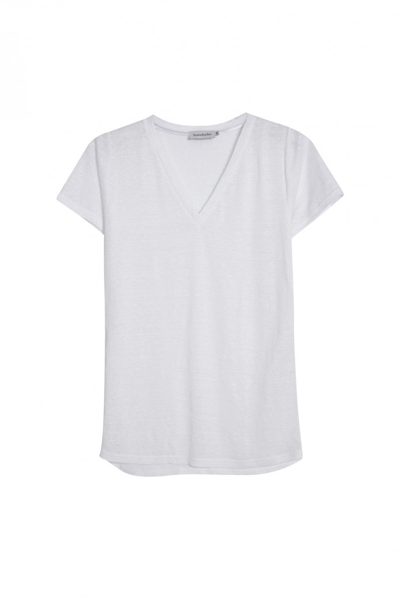 Lniany t-shirt z dekoltem v biały - packshot