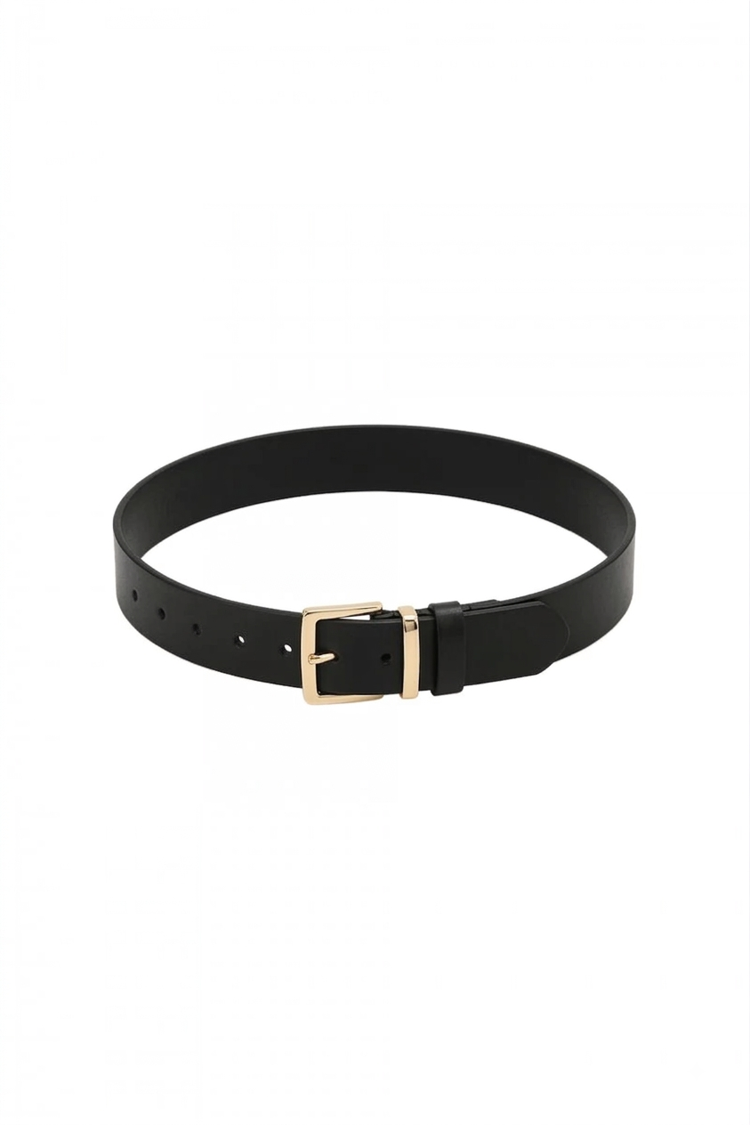 Skórzany pasek 3 cm z kwadratową klamrą złoty - packshot