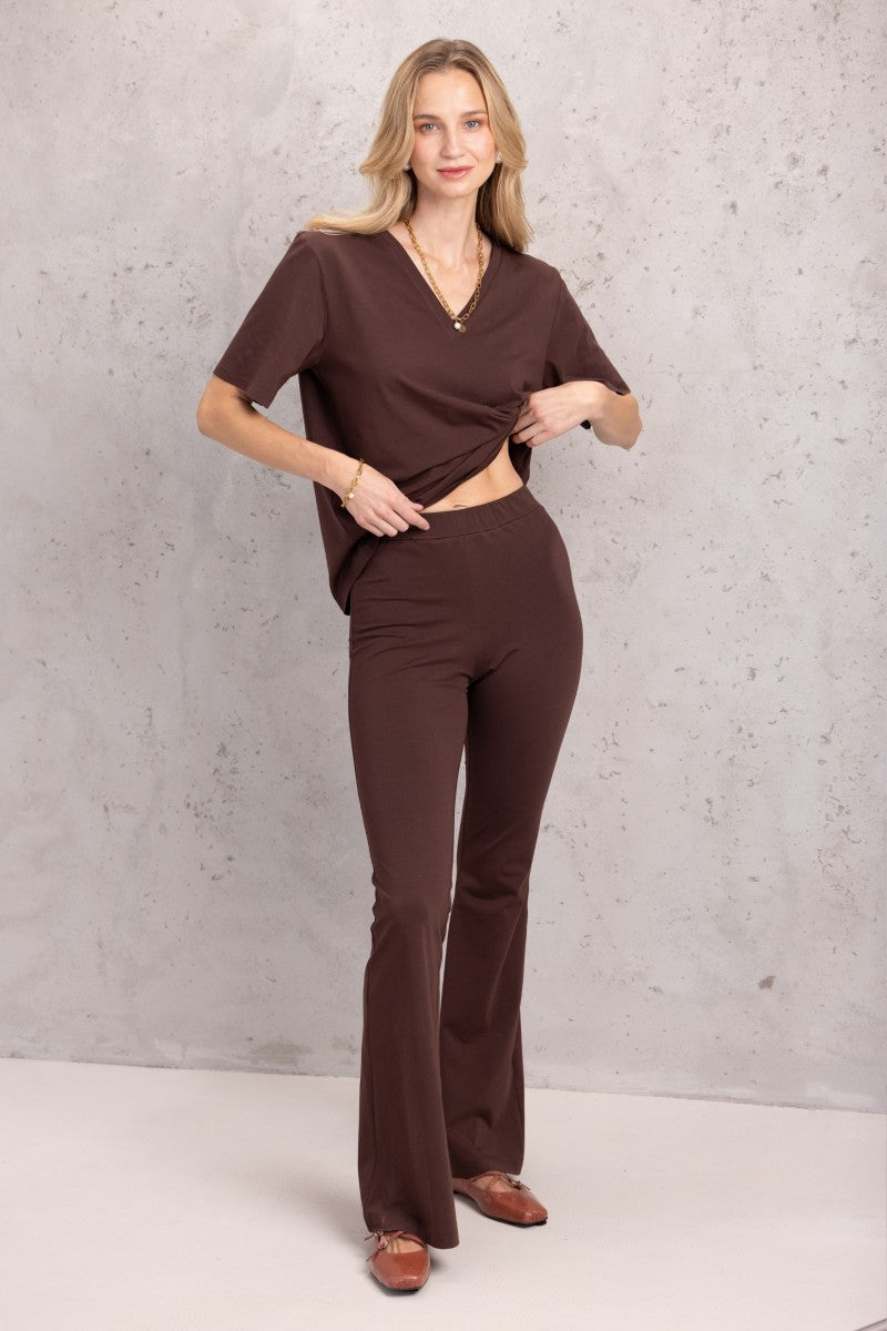 Brown cotton knit flared trousers