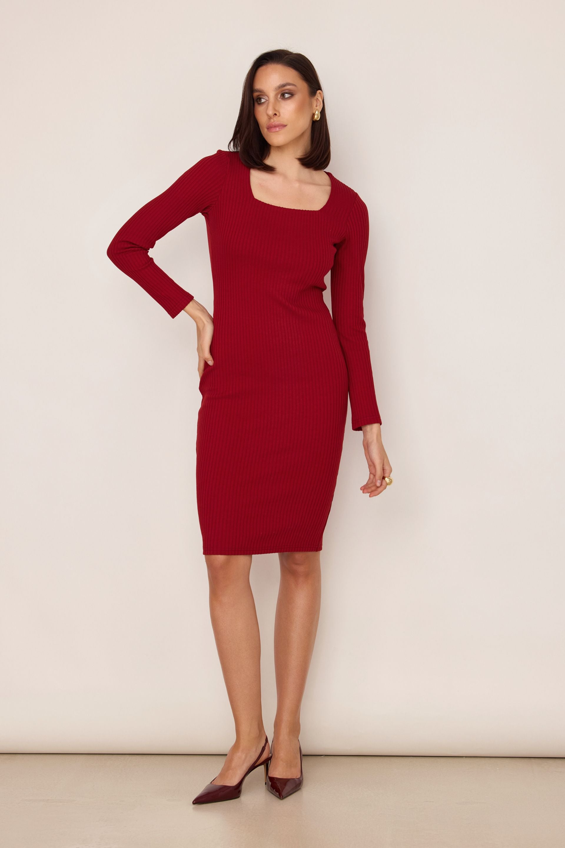 Cotton and bamboo square neck dress red