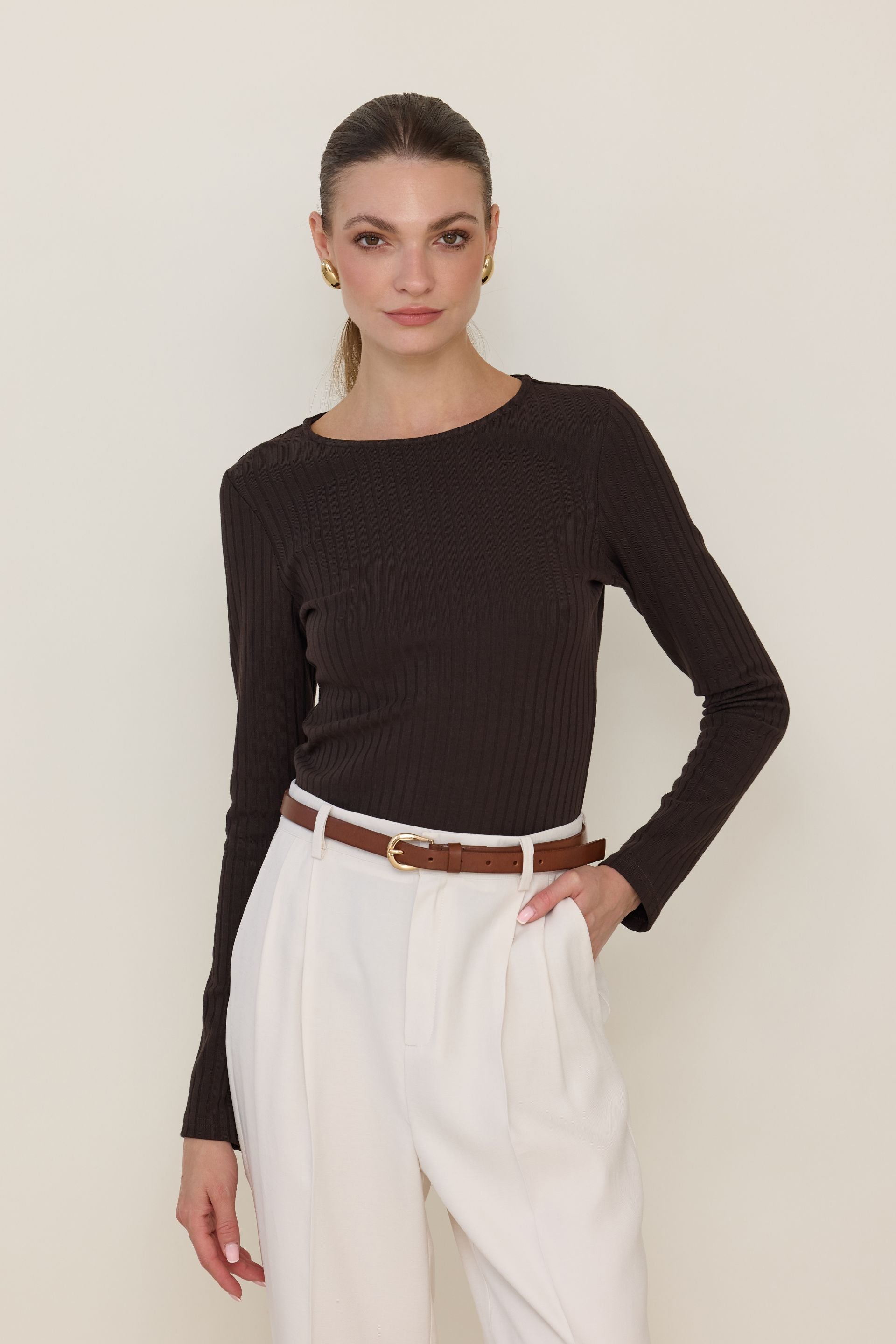 Longsleeve w szerszy prążek gorzka czekolada