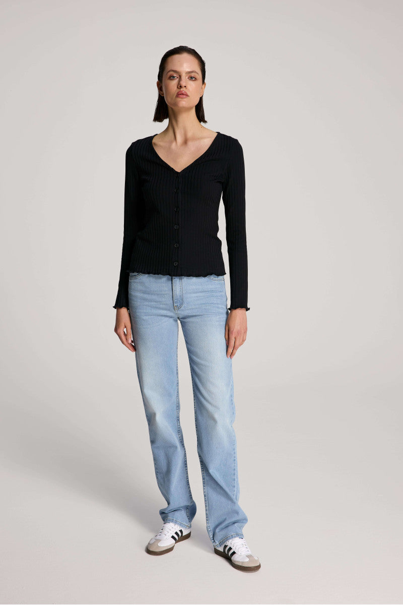 Black V-neck button-down blouse
