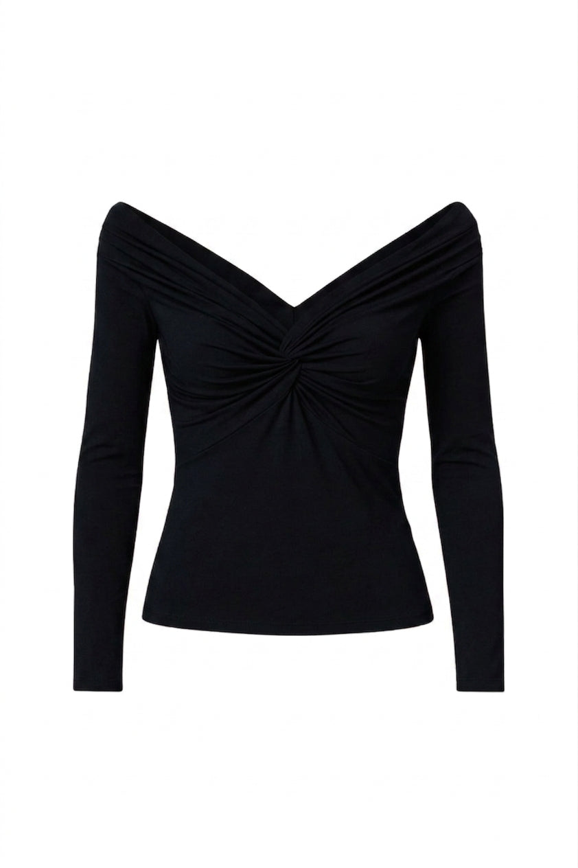 Bluzka z odkrytymi ramionami z zawinięciem i długim rękawem czarna - packshot