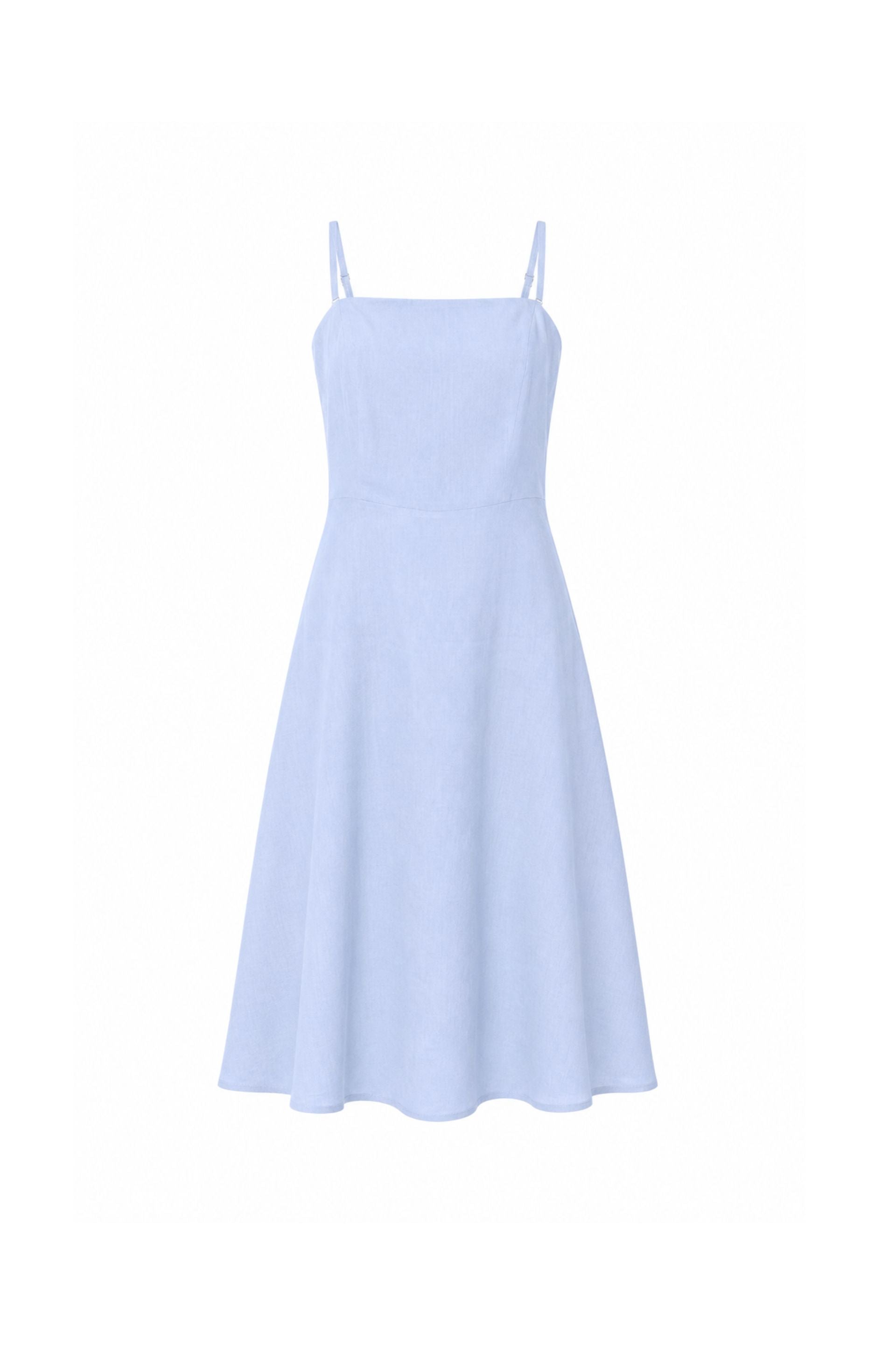Sukienka lniana midi z odpinanymi ramiączkami baby blue - packshot 
