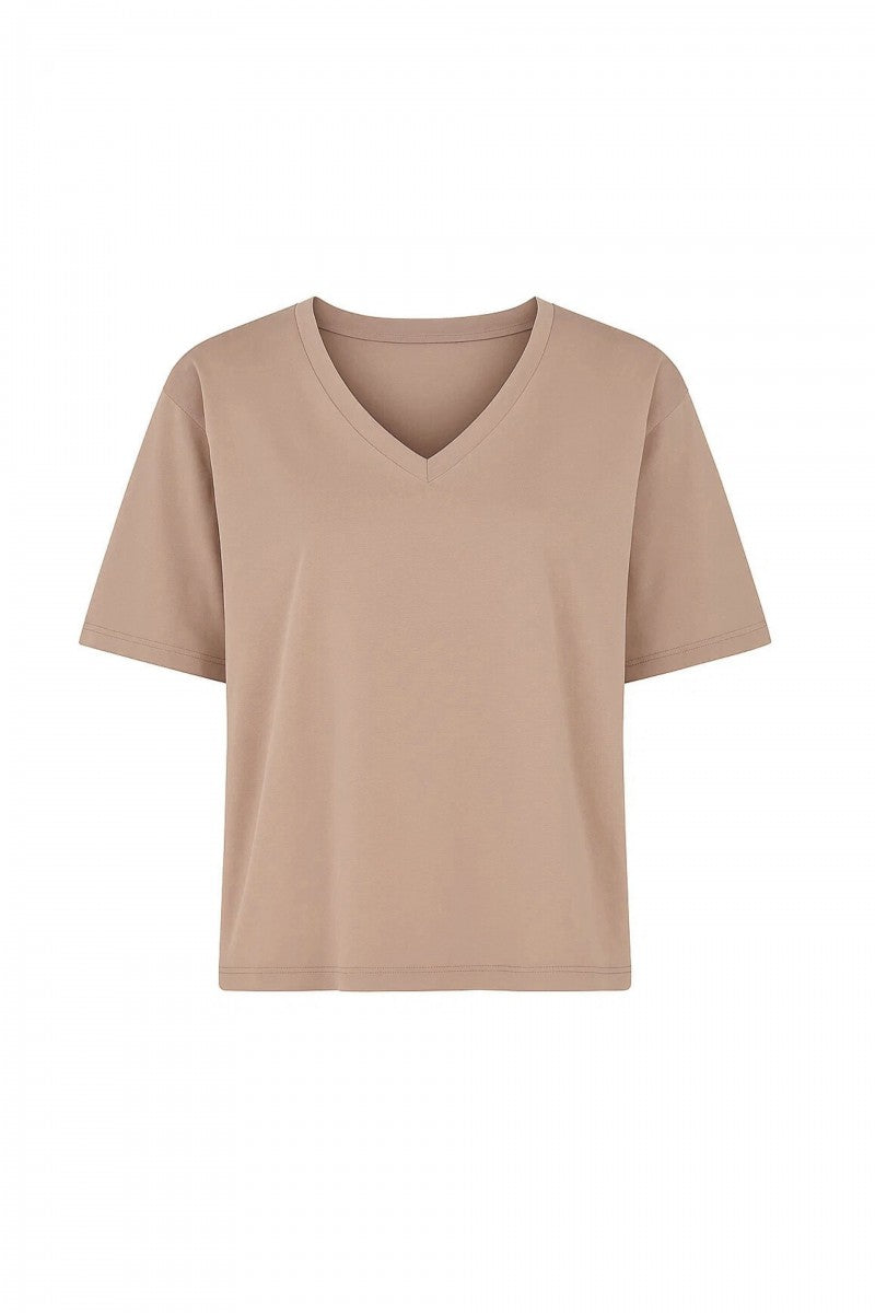 T-shirt o kroju pudełkowym z dekoltem typu v capuccino - packshot
