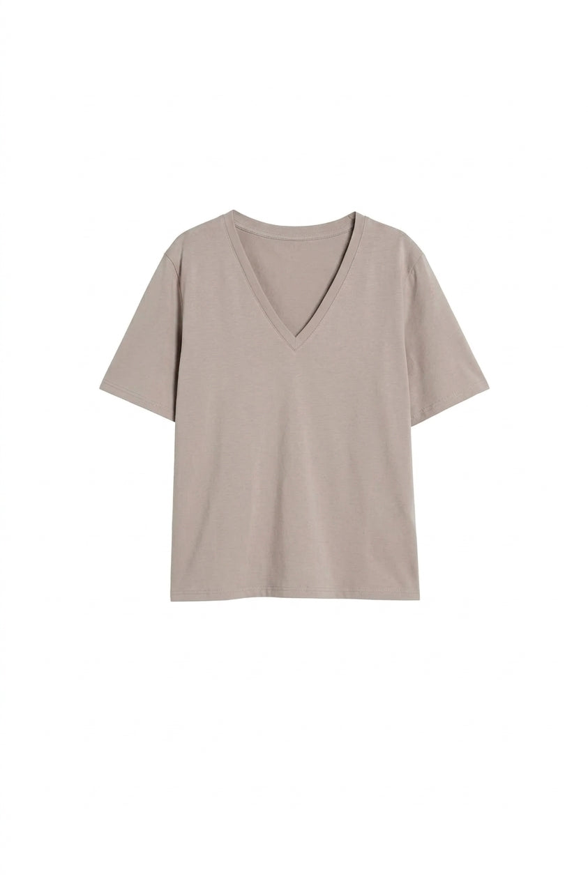 T-shirt o kroju pudełkowym z dekoltem typu v taupe - packshot